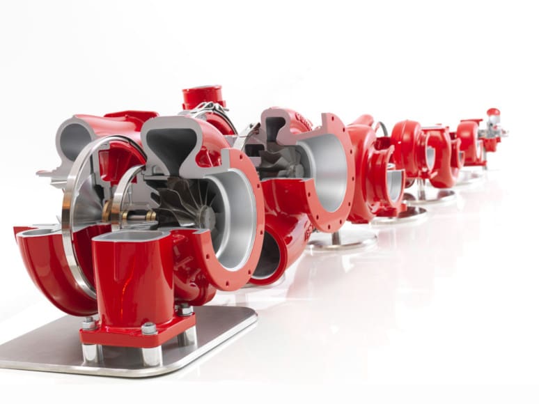 Red turbochargers with cut away showing main shaft